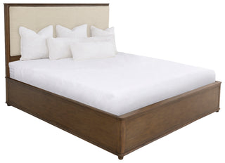 Stewart Upholstered Bed King
A wooden platform bed frame with a tall beige upholstered headboard, medium stain footboard and siderails