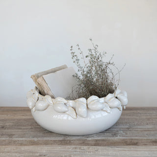 Stoneware Bowl with 3D Lemons on Rim in Cream heavyweight container urn