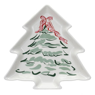 Stoneware Christmas Tree Shaped Plate red and green bow