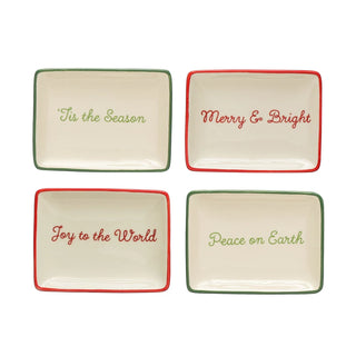 Stoneware Dish w/ Holiday Words & Red/Green Rim Assorted cream