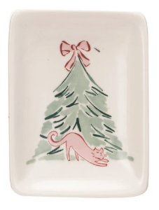 Stoneware Dish with Christmas Tree & Animal or Saying Assorted cat