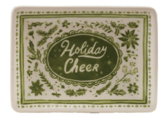 Stoneware Dish with Holiday Design or Saying Assorted Holiday Cheer Christmas cream green laurel