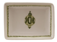Stoneware Dish with Holiday Design or Saying Assorted ornament green cream laurel Christmas
