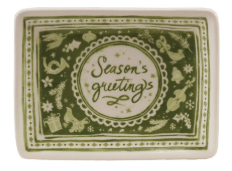 Stoneware Dish with Holiday Design or Saying Assorted Season's Greetings Christmas green cream laurel