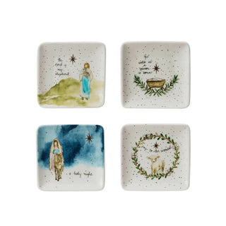 Stoneware Dish with Shepherd, Jesus, Mary or Lamb Assorted Christmas saying
