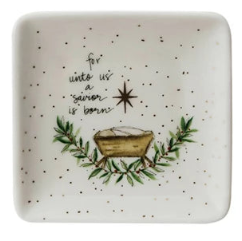 Stoneware Dish with Shepherd, Jesus, Mary or Lamb Assorted Jesus in manger Savior is born