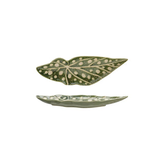 Stoneware Leaf Shaped Decorative Plate with Wax Relief Design green cream