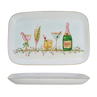 Stoneware Platter with Cocktails gold edge white background