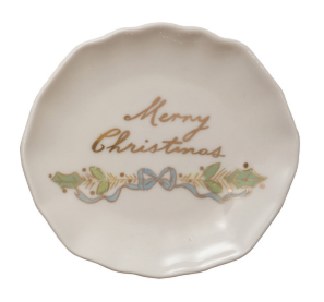 Stoneware Scalloped Plate with Gold Electroplating Assorted Merry Christmas trinket tray