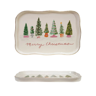 Stoneware Scalloped Platter with Trees & Gold Electroplating Merry Christmas