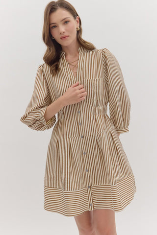 Striped 3/4 Puff Sleeve Mini Dress in Brown