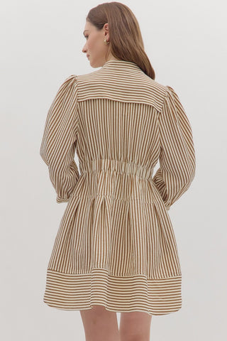 Striped 3/4 Puff Sleeve Mini Dress in Brown