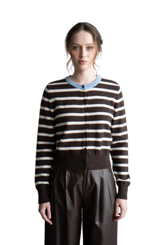 Striped Crew Neck Contrast Cardigan in Brown