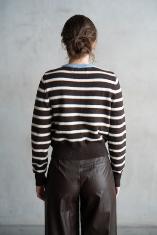 Striped Crew Neck Contrast Cardigan in Brown