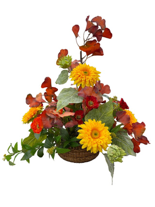 Sunflower, Poppy & Gingko Arrangement in Rattan Basket
An autumn-themed artificial floral arrangement in a woven basket, featuring yellow sunflower, red poppy poppies, orange and red leaves, and green foliage