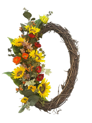 Sunflower & Poppy Oval Wreath waxflower, maple leaf silver dollar eucalyptus yellow orange burgundy