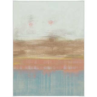 A painting depicting a sunset with abstract elements in a palette of oranges, browns, and blues.