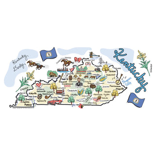 Map of Kentucky with various icons and flags. Swig Kentucky Travel Mug 22oz