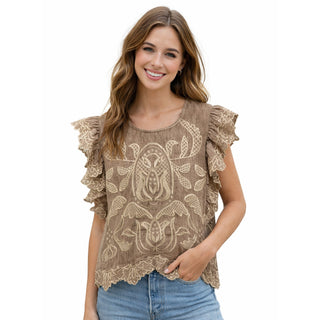 THML Tan Flutter Sleeve Embroidery Detail Top