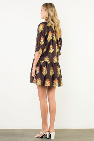 THML Floral Detailed V-Neck Dress in Chocolate brown khaki teal coral black and white stripe trim 3/4 length sleeve