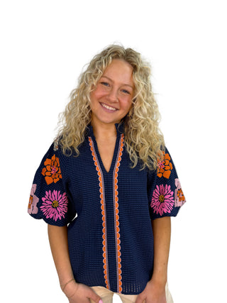 THML Navy Floral Embroidery Puff Sleeve Textured Top pink orange spring flower