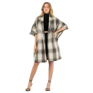 THML Plaid Drop Shoulder Mid Coat in Taupe
