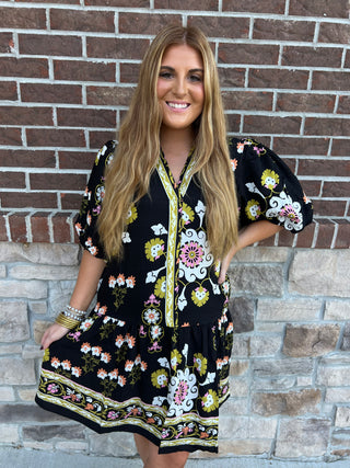 THML Puff Sleeve Floral Dress in Black, pink, green, and orange florals. slight v neck 