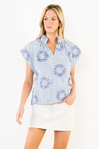 THML Sleeveless Stripe Top with Ribbon Details in Blue floral flower pinstripe seersucker