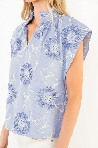 THML Sleeveless Stripe Top with Ribbon Details in Blue flower floral seersucker embroidery