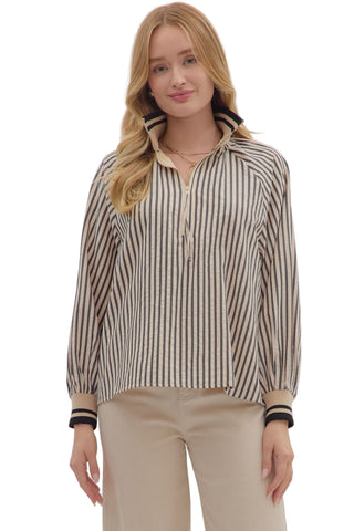 Tan and Black Striped Quarter Zip Top