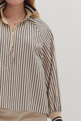 Tan and Black Striped Quarter Zip Top