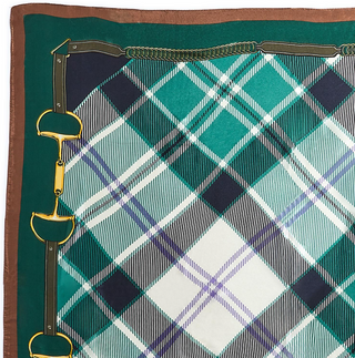 Tartan Horse Bit Print Silky Scarf Assorted green and blue and white plaid horse bit bridle detail brown edge