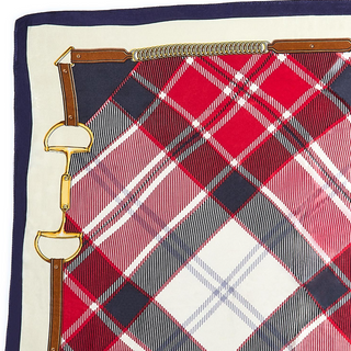 Tartan Horse Bit Print Silky Scarf Assorted red blue and white plaid horse bit bridle detail
