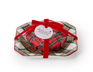 Tartan Red Currant Scented French Milled Soap with Porcelain Tray plaid Christmas holiday