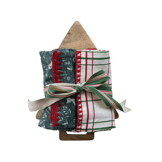 Tea Towels & Tree Shaped Cheese/Serving Board cheese serving red green white mango wood