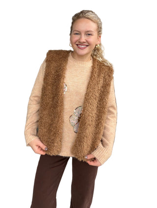 Woman in Teddy Vest in Camel