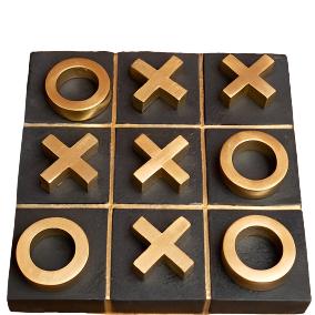 A tic tac toe game with golden X and O marks on a black concrete base.