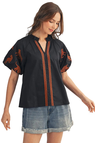 Tiger Embroidery Accent Top in Black