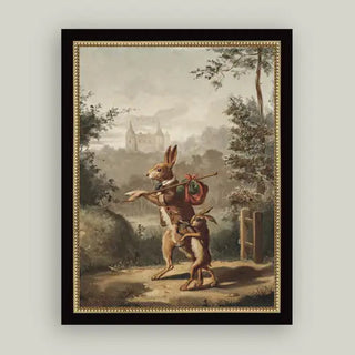 Traveling Rabbit Framed Antique Art 7"x9"
