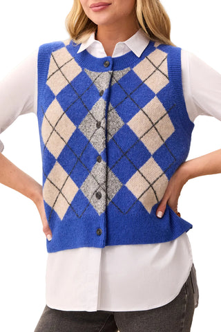 Tribal Argyle Sweater Vest with Buttons in Cobalt