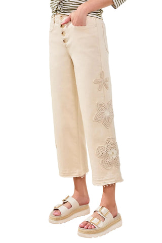 Tribal Audrey Button Fly Wide Crop with Crochet in Ecru