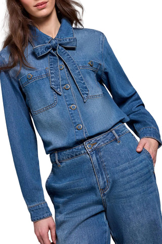 Tribal Authentic Blue Denim Blouse with Removable Self Tie