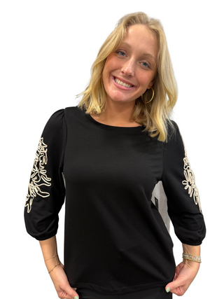 Tribal Black 3/4 Sleeve Top with Soutache Detail