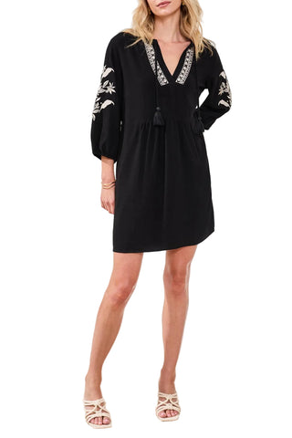 Tribal Elbow Sleeve Dress with Embroidery Detail in Black