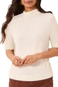 Tribal Funnel Neck Elbow Sleeve Knit Top in Cream