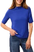 Tribal Funnel Neck Elbow Sleeve Knit Top in Electric Blue