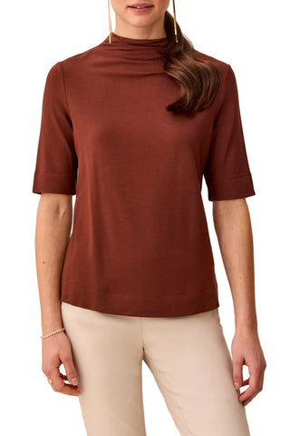 Tribal Funnel Neck Elbow Sleeve Knit Top in Rustic Brown