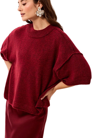 Tribal Lofty Elbow Sleeve Crew Neck Sweater in H Pinot burgundy