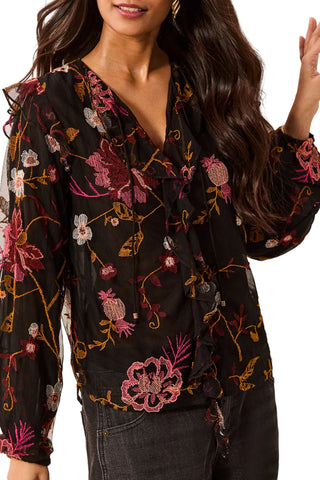 Tribal Long Sleeve Black Blouse with Pink Embroidered Flowers