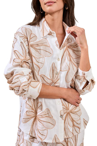 Tribal Long Sleeve Button Front Blouse in White/Brown Floral